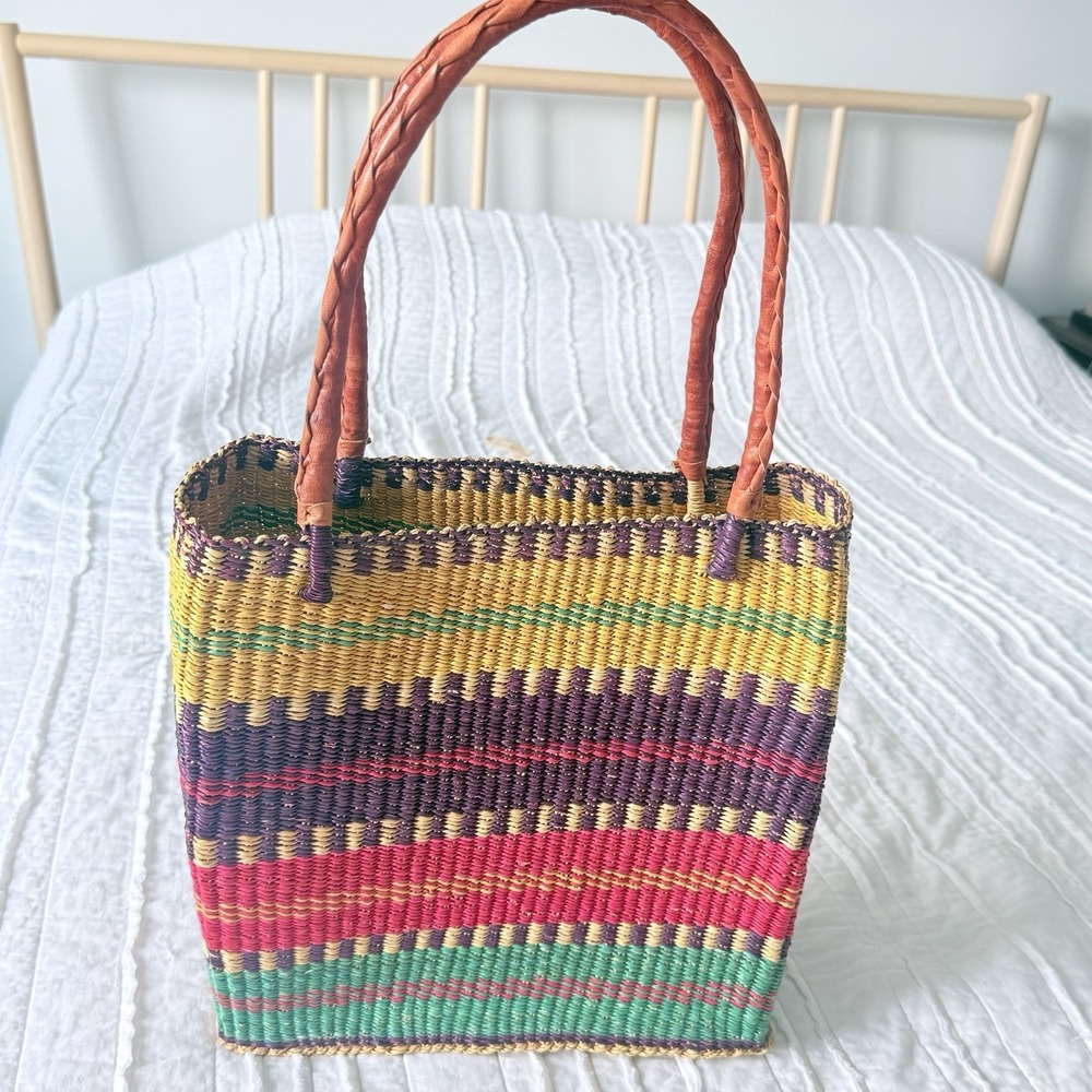 African Bolga Market Basket Hand Woven Ghana Tote Leather Handle RARE